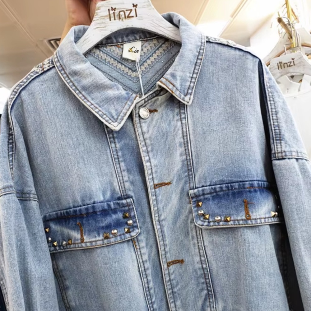 Black Vintage Wash Studded Floral Embroidered Tassel Button Down Jean jacket - Picture 5 of 11